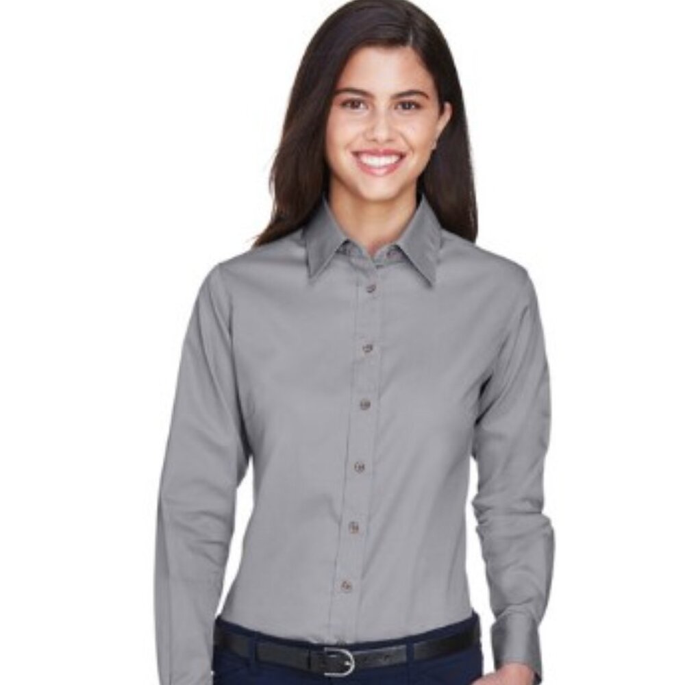 Harriton Women's Dark Grey - Long Sleeve Twill Shirt with Stain Release